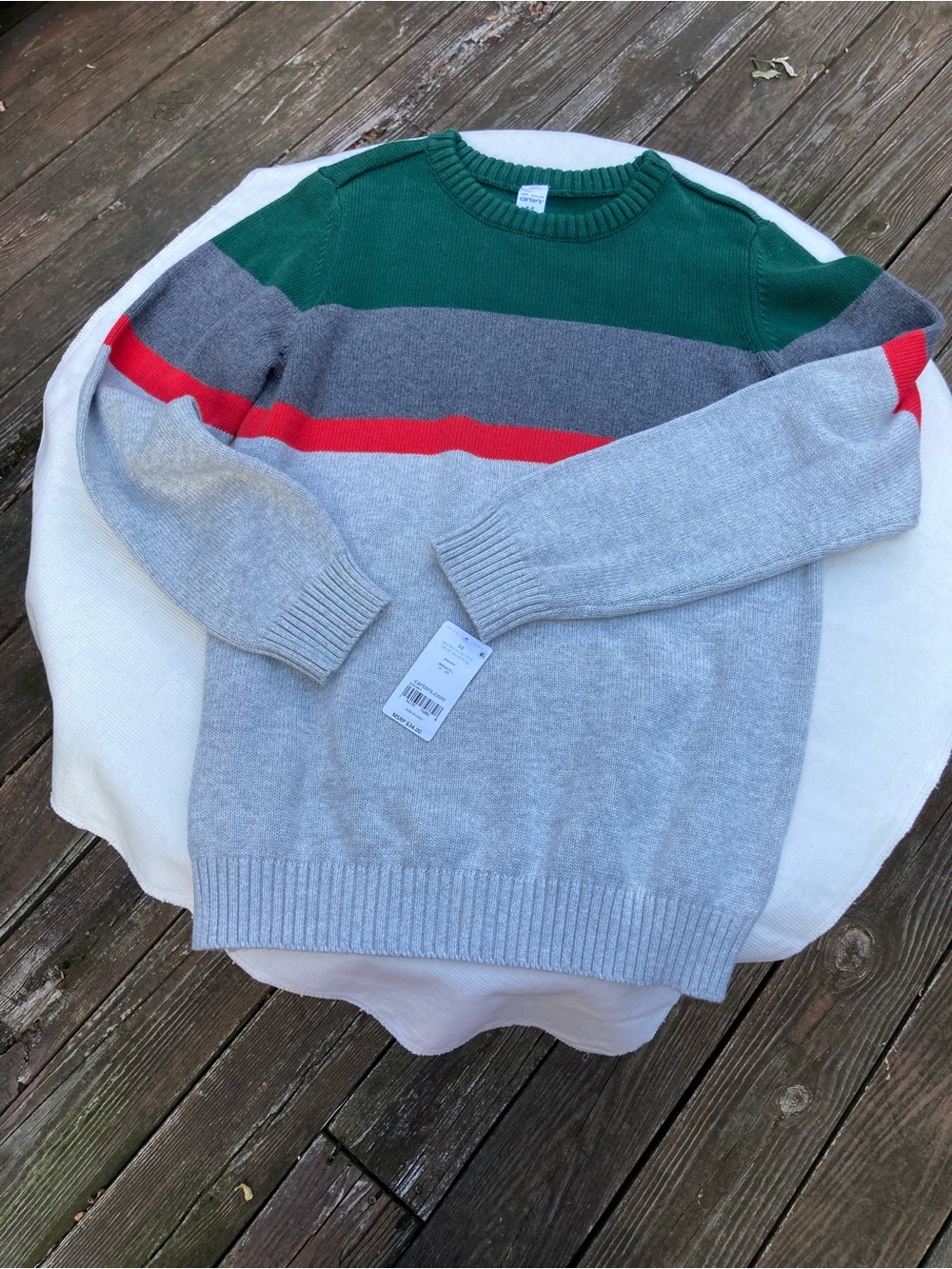 NWT Carter’s Boys Sweater Size 14 Cotton Colorblock Green Gray Red Crewneck
